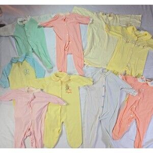 Vintage Infant Sleepers 9 Size NB-12M Full Body Gown Pink Yellow Blue White Snap